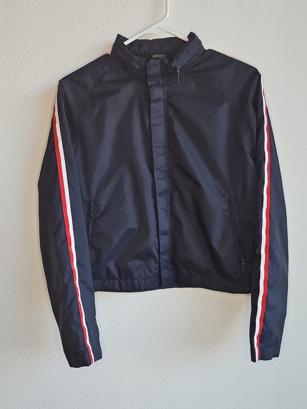 Tommy Hilfiger Women's Navy Blue Jacket w/Red White Blue Stripe Windbreaker Med